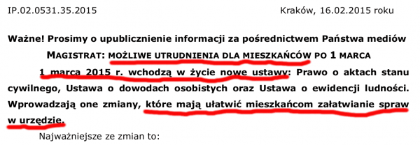 Z powodu ułatwień dla mieszkańców możliwe są utrudnienia dla mieszkańców. Urząd Miasta Krakowa.