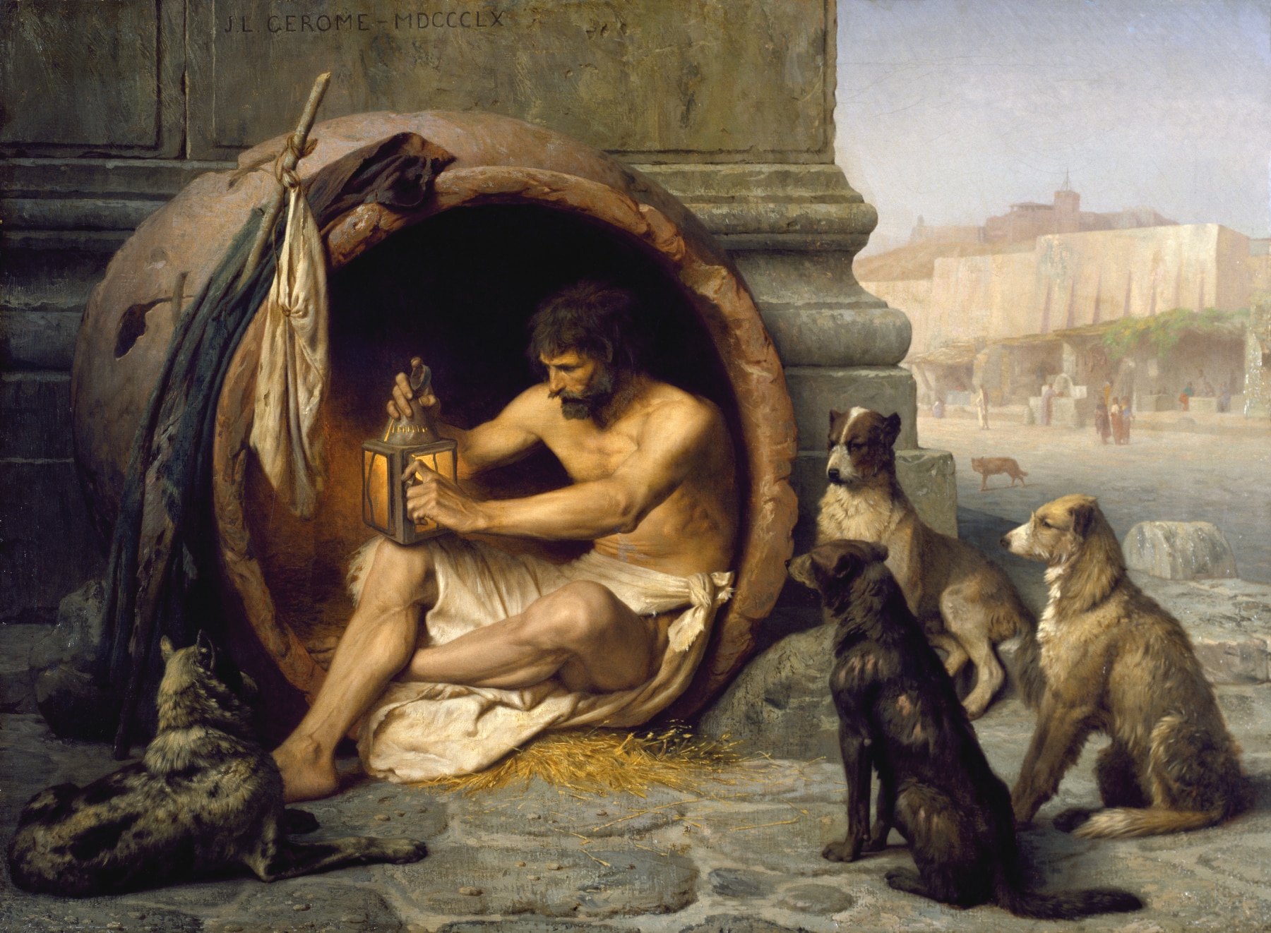 Diogenes mieszkający w beczce był cynikiem. Stoicyzm i minimalizm, inaczej niż cynicy, nie radzą, by wyzbyć się wszystkich rzeczy. Radzą, by się do nich nie przywiązywać i korzystać z nich mądrze. [Jean-Léon Gérôme - Walters Art Museum. Licencja CC.]