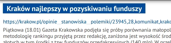 Kraków najlepszy w pozyskiwaniu funduszy.