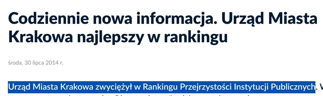Nagłówek artykułu z urzędowej strony Krakow.pl. W artykule miasto chwali się tym, że jest najbardziej przejrzyste.