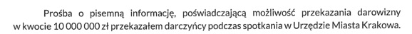 Fragment odpowiedzi na interpelację udzielonej przez Jacka Majchrowskiego. Prezydent - wbrew temu co przekazał mieszkańcom na antenie Radia Kraków - nie sprawdził firmy w której pracuje darczyńca.