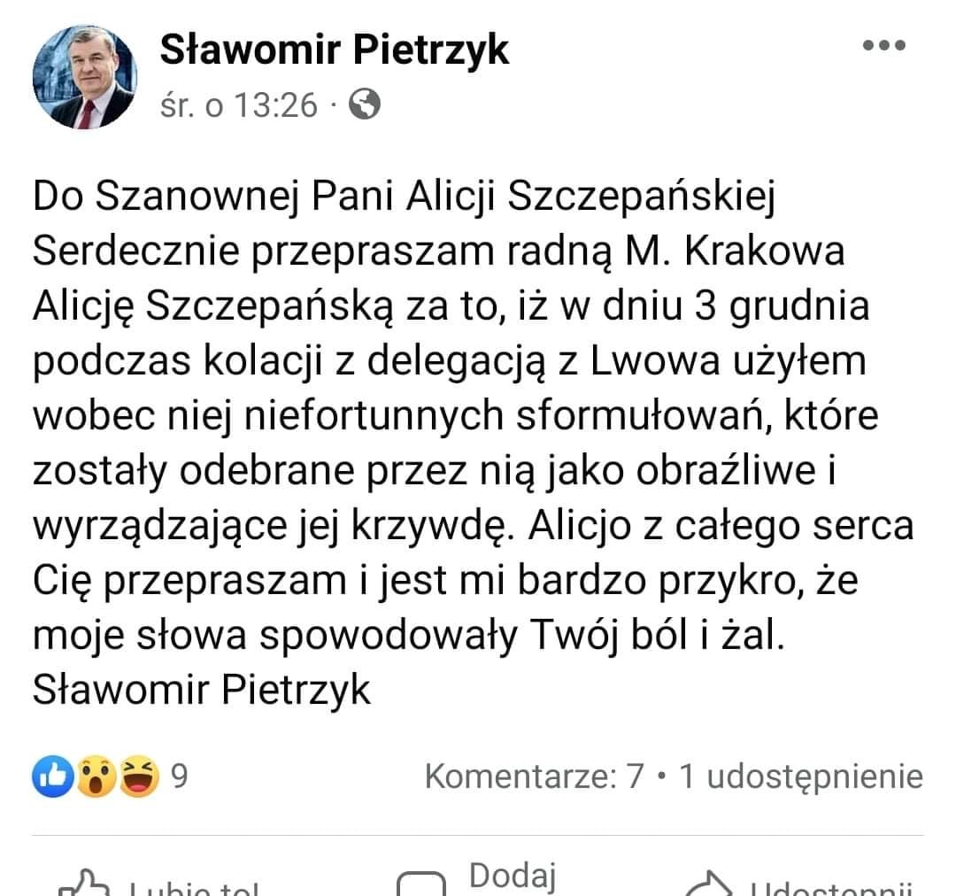 Przeprosiny Sławomira Pietrzyka.